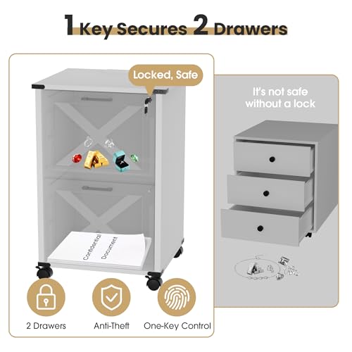 Onelike Small Wood File Cabinet with Charging Station and Lock, 2 Drawers | Built-in 2 AC, USB & Type-C; 1 lock secures 2 drawers; Nightstand, Printer stand and Mobile under-desk cabinet; White - style: 2 Drawers
