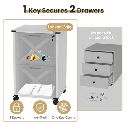 Onelike Small Wood File Cabinet with Charging Station and Lock, 2 Drawers | Built-in 2 AC, USB & Type-C; 1 lock secures 2 drawers; Nightstand, Printer stand and Mobile under-desk cabinet; White - style: 2 Drawers