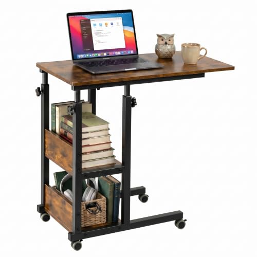 Hadulcet C Shaped Side Table Adjustable, Height Adjustable C Table with Wheels and Storage Shelves for Couch Bed Recliner Rustic Brown - color: Romantic Brown, style: Modern