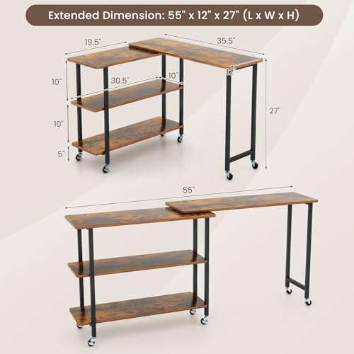 Giantex 360° Free Rotating Sofa Side Table, Mobile L-Shaped Laptop Desk with Sturdy Metal Frame, 6 Universal Casters, Movable Couch Snack Table with 2-Tier Storage Shelf for Home (Brown) - color: Brown
