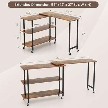 Giantex 360° Free Rotating Sofa Side Table, Mobile L-Shaped Laptop Desk with Sturdy Metal Frame, 6 Universal Casters, Movable Couch Snack Table with 2-Tier Storage Shelf for Home (Brown) - color: Brown