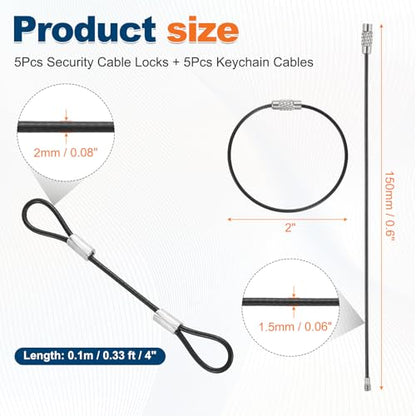 5 Set Double Loop Security Cable Lock (0.33 ft X0.08'') + Keychain Cable, Black - color: Black, size: 0.33 ft x 0.08 Inch