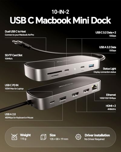 MacBook Pro Docking Station Dual Monitor 4K@60Hz for MacBook Pro/Air M5/M4/M3 Pro & Max, Mac Docking Station Dual Monitor, Macbook Pro Dock with 2HDMI,PD,Ethernet,USB A/C 10Gbps,SD/TF, USB 2.0