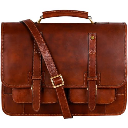 Time Resistance Leather Briefcase – Italian Handmade Leather Laptop Bag – Briefcase Convertible into Backpack - color: Cognac Brown