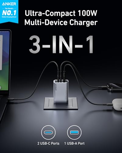 Anker Prime Charger, 100W Max 3-Port Compact Foldable USB C Charger | Fast Laptop Charger Power Adapter for MacBook Pro/Air, iPad Pro, iPhone 17/16/15 Series, Galaxy S25/S24,and More