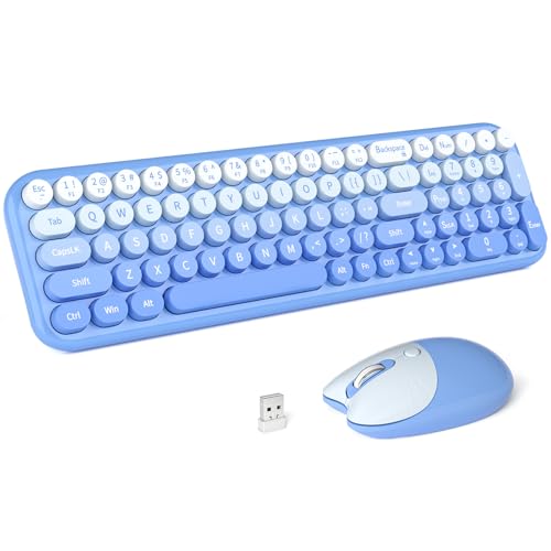 MOFII Wireless Keyboard and Mouse Combo, Full Size 2.4G Retro Round Computer Keyboard and Mouse Set, Plug and Play, for Windows, Computer, Desktop, PC, Notebook - (Blue Gradient) - color: Blue Gradient Colorful