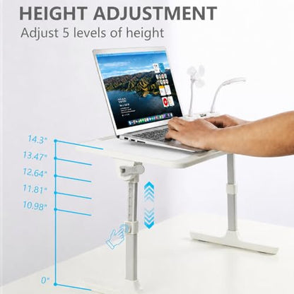 Adjustable Lap Desk with USB Fan & LED Light, Height & Angle Adjustable Laptop Bed Tray Table, Foldable Laptop Stand for Bed, Couch, Sofa & Floor,White - color: White