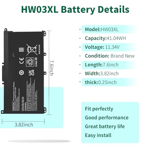 41.04Wh HW03XL Battery for HP L97300-005, Replacement for HP Pavilion 15-EG | 15-EH 17-CN 17-CP 15-eg0xxx 15t-eg000 15-eg0053cl 15-eh0050wm 17-cn0xxx HWO3XL HW03041XL - size: 7.6*3.82*0.25inch HW03XL