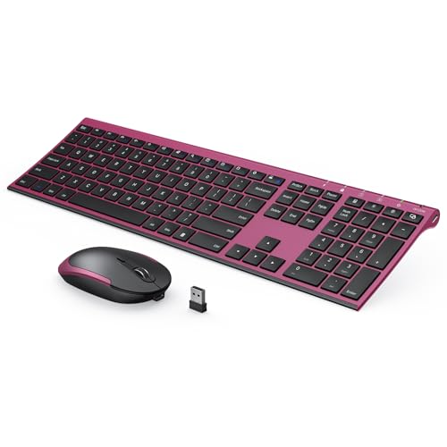 Wireless Keyboard and Mouse, Vssoplor Rechargeable Quiet Full-Size Keyboard and Mouse Combo Set Ultra Slim Design for Laptop, PC, Notebook, Desktop-Black and Wine Red - color: Black and Wine Red