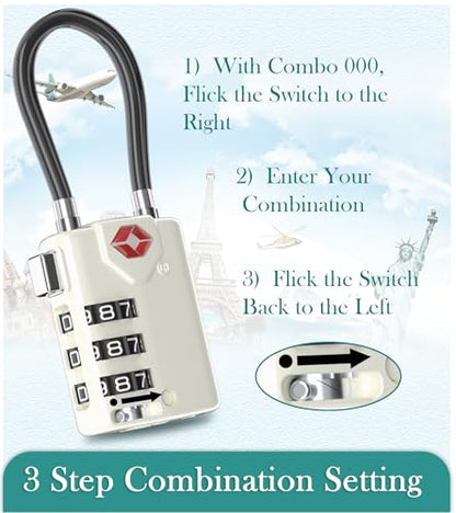 Search Alert TSA Approved Travel Combination Luggage Cable Locks for Suitcase, Gym Locker,Toolbox,Backpack 1,2,4,6 &10 pk (White 2 Pack) - color: White 2 Pack
