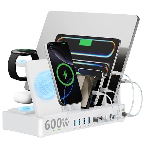 600w Charging Station for Multiple Devices, 15 in 1 Wireless Charging Station for Apple, Dual 100w USB C Tablet Charging Station for MacBook,iPhone,iPad,Tablet (White) - color: White