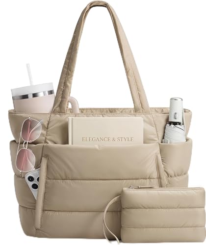 Puffer Tote Bag for Women, Nurse, Large Quilted Shoulder Bag with Cup Holder & Laptop Compartment for Work, Travel, Gym - color: Camel