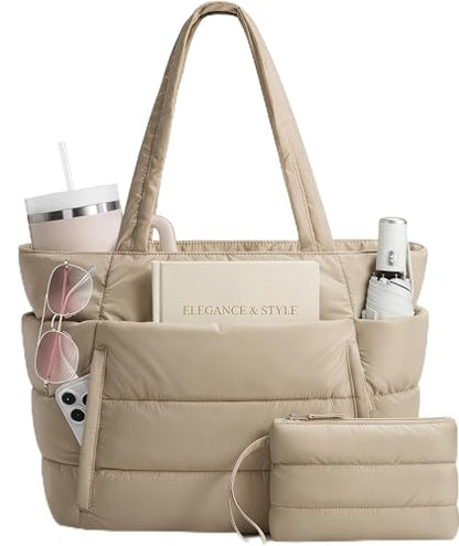 Puffer Tote Bag for Women, Nurse, Large Quilted Shoulder Bag with Cup Holder & Laptop Compartment for Work, Travel, Gym - color: Camel