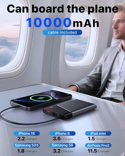 Aaoyun 10000mAh Portable Power Bank, 22.5W PD Fast Charging Battery Pack with Built-in USB-C Cable, Ultra-Slim External Phone Charger for iPhone 17/16/15, Samsung Galaxy S24, Android (Grey) - color: Grey-10000mah
