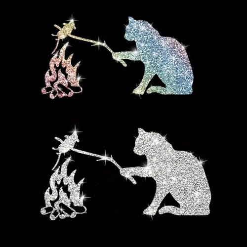 2pcs Funny Cat Roast Mouse Sparkling Sunflower Self-Adhesive PVC Rainbow Glittery Decal Sticker for Cars, Laptops, Trucks, Motorcycles Wall Window Luggage Scratch Cover Door Decor Sticker