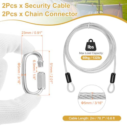 PATIKIL Security Cable Lock (3/16" Dia 6.6ft, Clear)(2 Set) Vinyl Coated 304 Stainless Steel Double Loop Flexible Wire Rope Safety Cable with Quick Links Locking Connectors - color: Clear, size: 6.6ft x 3/16"