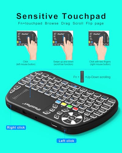 iPazzPort Bluetooth Mini Keyboard with Touchpad, 2.4G Keyboard and Mouse | IR Learning Support • Cyclic RGB Backlit • Rechargeable • PC, Smart TV, Laptop, Android TV Box • Type-C