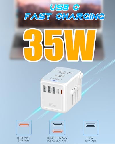 Universal Travel Adapter, 35W PD Fast Charging, for Europe UK US Japan | 5 USB C/A Ports & 2500W AC Outlet, International Power Adapter for 200+ Countries, Compatible with iPhone, MacBook, Tablet - color: PD35W-3A2C-white