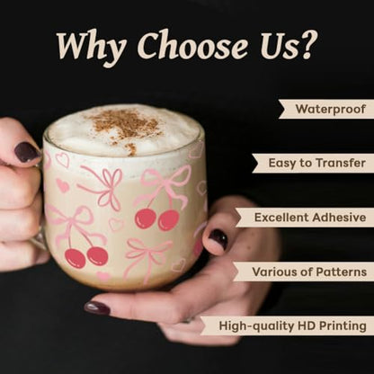 UV DTF Cup Wraps Transfer Stickers Bows Pattern, 10 Sheets Waterproof Custom Vinyl Transfer Sticker 16oz Coffee Glass Cup Tumbler Bottle Mug Decals for Men Women | Waterproof UV DTF Stickers, Custom Vinyl Decals for 16oz Coffee Cups Tumblers Bottles Mugs,