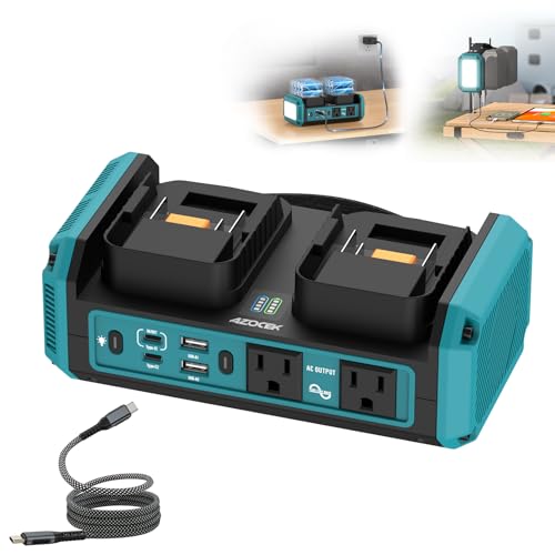 Azocek 350W Power Inverter Compatible with Ma-Kita 18V Battery(No Battery) | No Battery, 7A Fast Charger, 2 AC Outlets, 2 Type-C (140W/65W), 2 QC USB Ports, 600LM LED, Pure Sine Wave Power Inverter - color: Blue