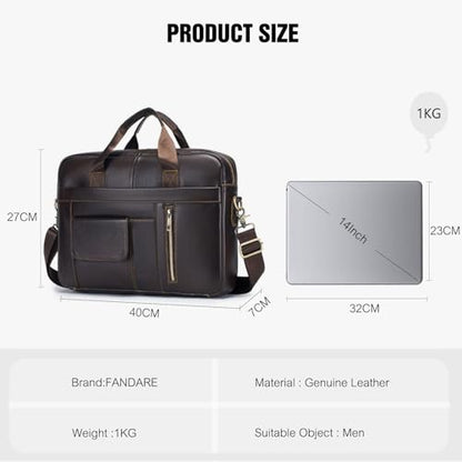 FANDARE Laptop Tote Bag for Men Full Grain Leather Briefcase Business Tote Messenger Handbag - color: Brown