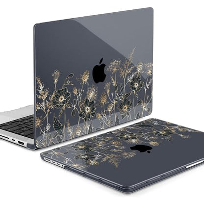 MEEgoodo Compatible with MacBook Pro 14 inch Case (M5/M4/M3/M2/M1) Pro/Max 2026 2025 2024 2023 2021, Case Fit Model A3427/A3426/A3434/A3112/A3401/A3185/A2918/A2992/A2779/A2442, Golden Flowers & Herbs - color: Golden Flowers & Herbs