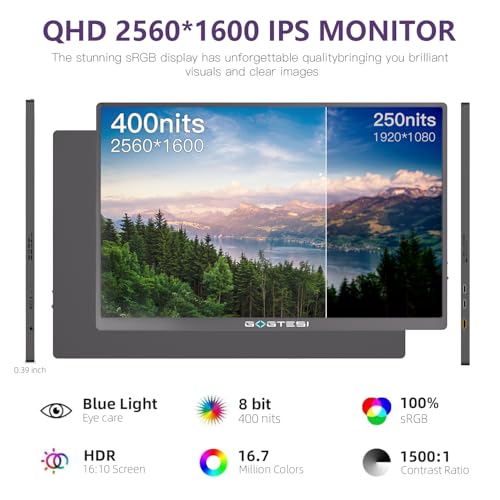 16 Inch 120Hz Portable Gaming Monitor, 100% sRGB 2.5K QHD 400nits Portable Monitor with HDR, Ultra Slim, Eye Care, External Second Screen for Laptop/PC/PS5/Mac/Xbox