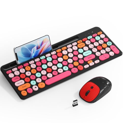 Retro Typewriter Wireless Keyboard with Round Keycaps, 2.4GHz Compact USB Cute Wireless Keyboard and Mouse Combo for Desktop, Laptop and Computer - color: Black-Colorful