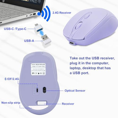Bluetooth Mouse,Rechargeable Wireless for Laptop/iPad/MacBook Pro/Air, Silent Mouse Portable Slim for Surface Pro/PC/Lenovo/Samsung Tablet (Purple) - color: Purple