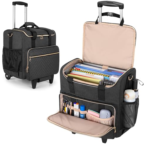 LUXJA Rolling Teacher Bag with Wheels and 15.6" Laptop Compartment, Black | Rolling Briefcase for Women, Teacher Tote Bag for Office Work with Detachable Dolly and Shoulder Strap, Ample Storage Pockets - color: Black
