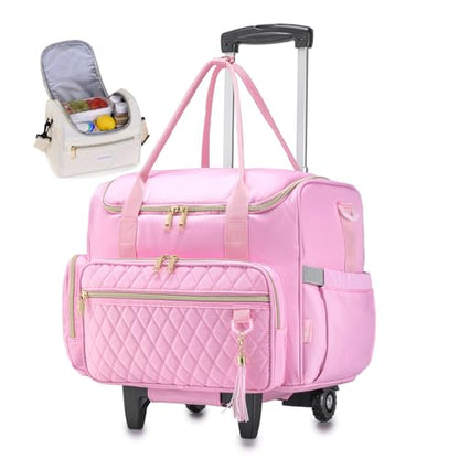 Rolling Laptop Bag 17.3 Inch With Insulated Lunch Bag 3 IN 1 Waterproof Rolling Briefcase With Wheels for Women - color: Pink