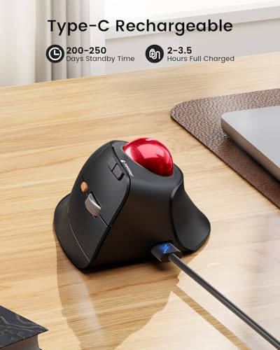 ProtoArc EM05 NL Wireless Vertical Trackball Mouse, 5 DPI Levels, Red | 62° Vertical Design Supports a Natural Wrist Posture, Connect 3 Devices Via Bluetooth/2.4G USB-A, 500mAh Rechargeable Battery - color: Red