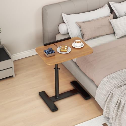 Adjustable Height C Shaped Side Table,360°Swivel Overbed Table,Top Tilting Laptop Stand Table with Hidden Wheels,Mobile Couch End Tables that Slide under,Rolling TV Coffee Table for Sofa/Bed (wood) - color: Wood