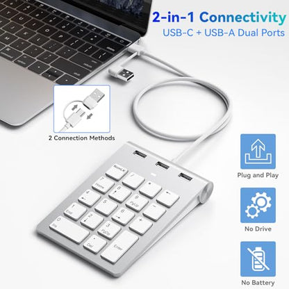 Wired Numeric Keypad USB-C & USB-A - 18 Keys Number Pad with 3 USB 2.0 Port, 15° Ergonomic Numeric Pad for Laptop/ Desktop/ Surface/ iPad, USB Number Keypad for Windows/macOS/Chrome OS, Plug & Play - color: White