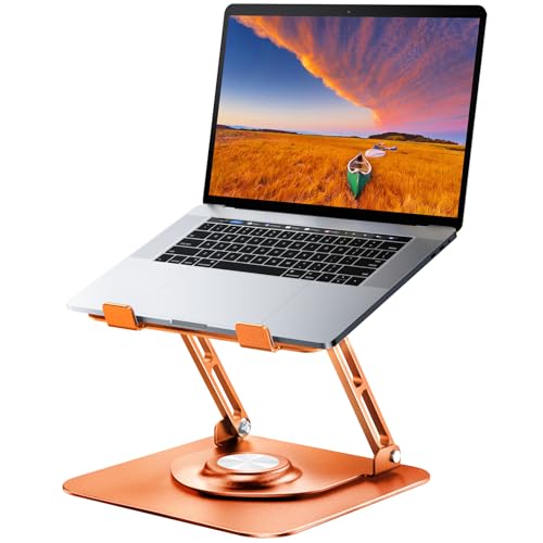 JOYEKY Laptop Stand for Desk, Adjustable Computer Stand with 360° Rotating Base, Ergonomic Laptop Riser for Collaborative Work, Foldable & Portable Laptop Stand, fits for All 10-16" Laptops - color: Orange