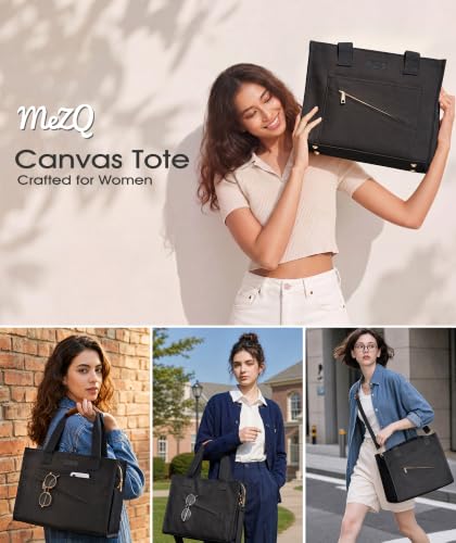 MeZQ Canvas Tote Bag for Women,14-Pockets Work Laptop Tote Large Office Crossbody | Teacher Nurse College with Strap & Zipper - color: Black