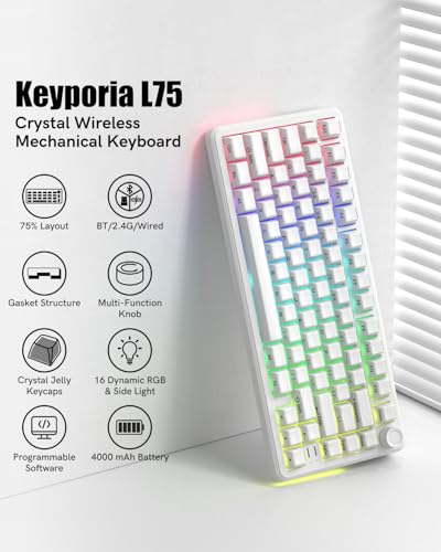 L75 Wireless Mechanical Keyboard with Knob, 75% Hot Swappable Custom Gaming Keyboard Gasket Structure with RGB Backlit, Pre-lubed Switches, Crystal Jelly PBT Keycaps, 2.4GHz/USB-C/BT5.0 Mode - color: Crystal-White