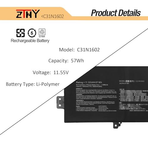 ZTHY C31N1602 Laptop Battery Replacement for Asus ZenBook U3000U UX330 UX330U UX330UA UX330UAK UX330UA-1A UX330UA-1B UX330UA-1C UX330UA-FB018R FB161T Series C31N16O2 0B200-02090000 11.55V 57Wh - size: 12.01*4.8*0.16 inch C31N1602