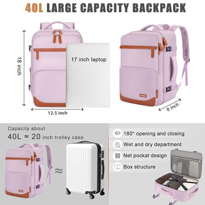 40L Travel Backpack, Flight Approved Carry On Laptop Backpack | Water-resistant, Personal Item Travel Bag, Fits 15.6/17.3 inch Laptop, Hiking, Camping, Business, Commute, Men & Women - color: Purple, size: Large