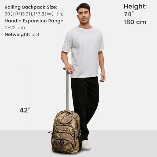 Boavan Rolling Backpack,17 inch Water Resistant Wheeled Backpack,Carry on Luggage Business Bag, Overnight College Computer Bag Trolley Suitcase for Men Women Adults to Travel - color: Army Camo, size: 17.3 inches