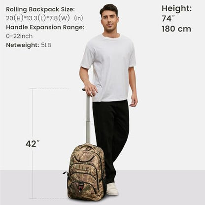 Boavan Rolling Backpack,17 inch Water Resistant Wheeled Backpack,Carry on Luggage Business Bag, Overnight College Computer Bag Trolley Suitcase for Men Women Adults to Travel - color: Army Camo, size: 17.3 inches