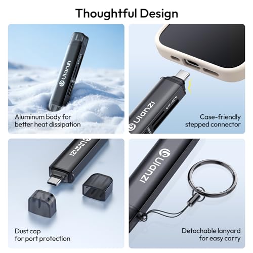 ULANZI CR1 3-in-1 SD/TF/USB Card Reader, USB 3.1 High-Speed 170MB/s, Triple-Slot Simultaneous, Dual USB-C/A, Case-Friendly Port, w/Carabiner Clip for Phone/Tablet/Mac/PC/Android/Photographer