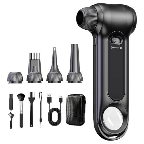 Compressed Air Duster 150000RPM Cordless Blower LED for Electronics Car | 150000RPM brushless cordless air duster. Stepless speed control. Rechargeable with LED light. Multi nozzles for electronics - color: Black