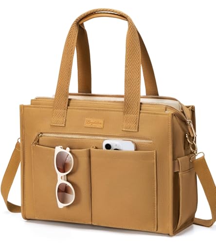Canvas Tote Bag for Women, 15-Pockets Work Laptop Tote Purse Large Crossbody Nurse Teacher Bible Bag for School Travel Daily | with Strap & Zipper - color: L8.new Brown, size: Large-15.6inch