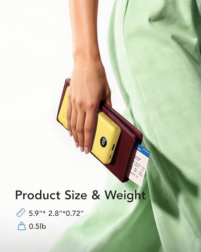 VRURC 10000mAh Power Bank, 22.5W USB C Portable Charger, Yellow | Built-in AC wall plug and cables, LED display, airline approved, slim 8 oz design - color: Yellow