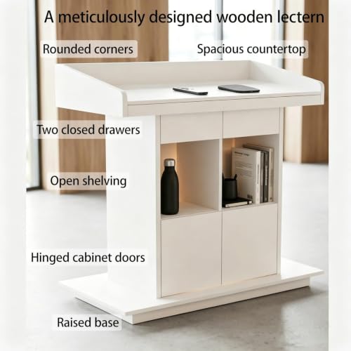 Podium Stand, Podium with Wheels, Floor Standing Speaking Poidum Lectern Stand, Church Pulpit with Storage, Office Wooden Reception Desk, Host Stand for School Conference | White - color: White