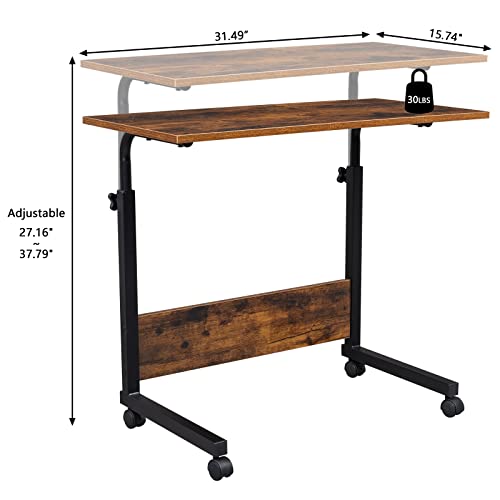 Karl home Mobile Side Table 31.5 inch Computer Desk with Wheels, Rustic Brown - color: Rustic Brown, size: 31.5"+No Power Sockets