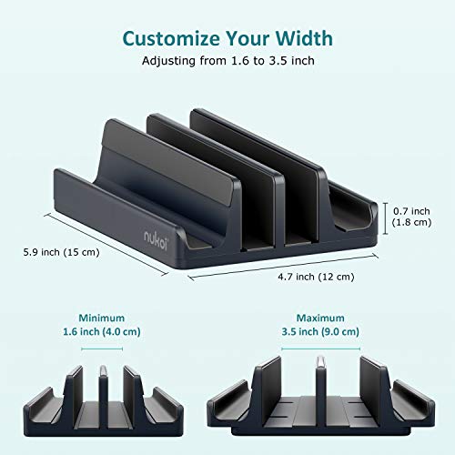 Vertical Laptop Stand - SPACEMax Adjustable GRIPLock Anti-Tip Silicone 4 Slots Aluminum Desktop Holder - Double Dock Stand - 2 Phone Slots Fits Up to 17.3” Laptops, Tablets, Phones - Gray - color: Gray