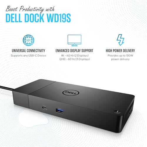 Dell WD19S Docking Station Dual Monitor - 180W USB-C, HDMI + DisplayPort | Features mini-DisplayPort, 2x USB-C & 3x USB-A 3.0 for full expansion