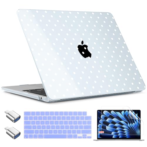 TWOLSKOO for MacBook Air 15 inch Case 2026 2025 2024 2023 Release M5 A3448 M4 A3241 M3 A3114 M2 A2941, Plastic Hard Shell & Screen Protector & Keyboard Cover & Type C Adapter, Blue Polka Dots - color: Blue Polka Dots